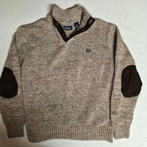 Chaps Mens Large Brown Marled Cotton Knit Button Mock Neck Sweater Elbow Patches